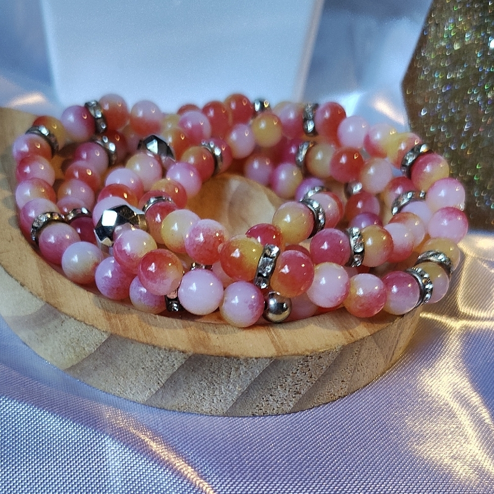 Chic Pink and Yellow Beaded Bracelet with Sparkling Accents